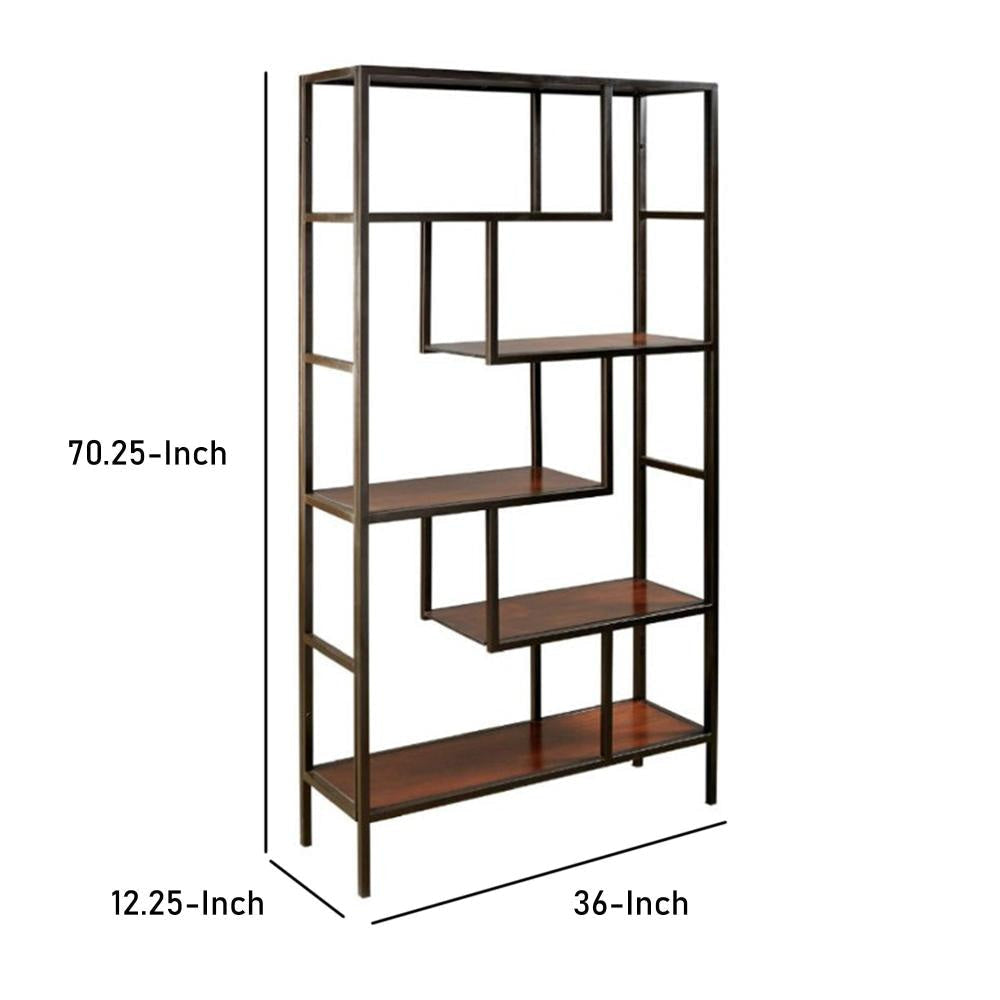 Ashley 5 Shelves Asymmetric Design Bookcase with Metal Frame Brown and Black BM210649