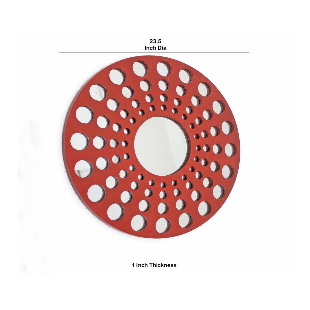 Contemporary Wooden Round Wall Decor with Circle Cut Outs Red and Silver BM211047
