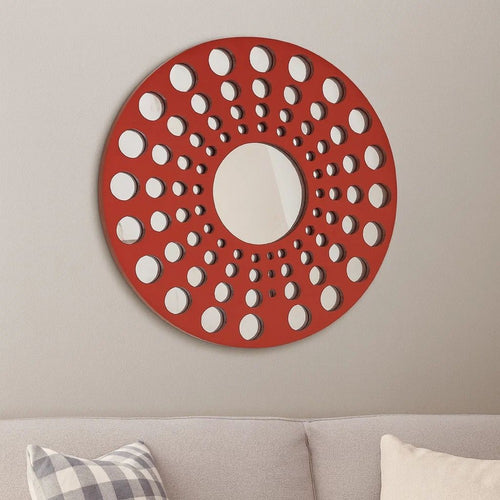Contemporary Wooden Round Wall Decor with Circle Cut Outs, Red and Silver