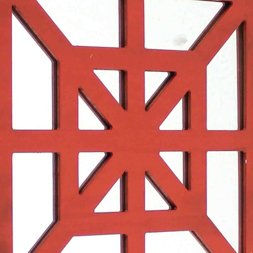 Wooden Wall Decor with Concentric Square Design on Top, Red and Silver