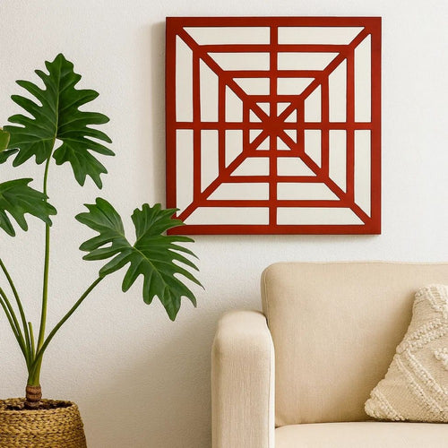 Wooden Wall Decor with Concentric Square Design on Top, Red and Silver