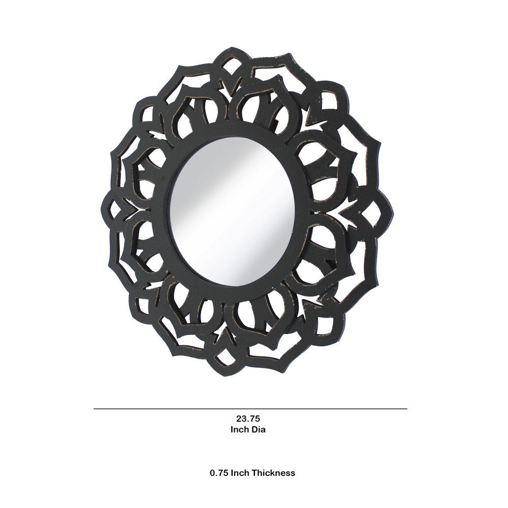 Wooden Mirror Blooming Lotus Wall Decor with Floral Engraving Black BM211081