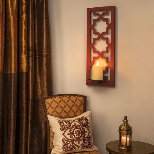 17 Inch Mirrored Wall Art, Candle Holder Sconce, Lattice Design, Red