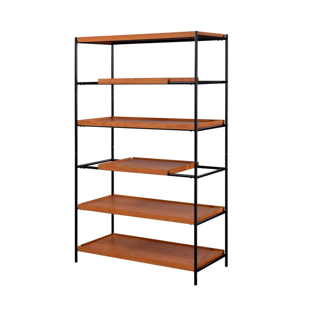 5 Tier Wooden Bookshelf with Open Metal Frame Oak Brown and Black BM211106