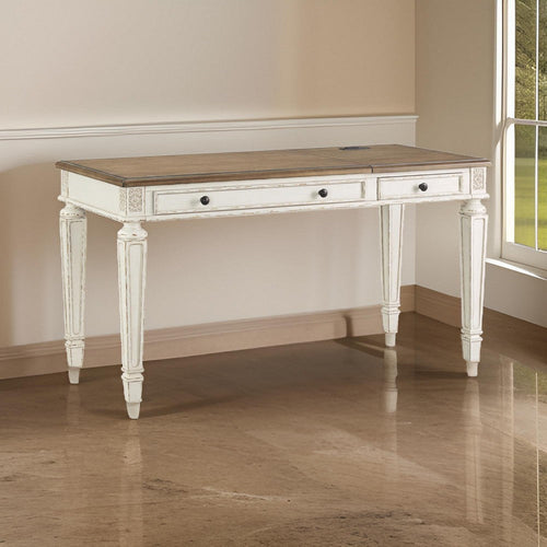 Ashley Wooden Lift Top Desk with Textured Finish and Drawers, Brown and White