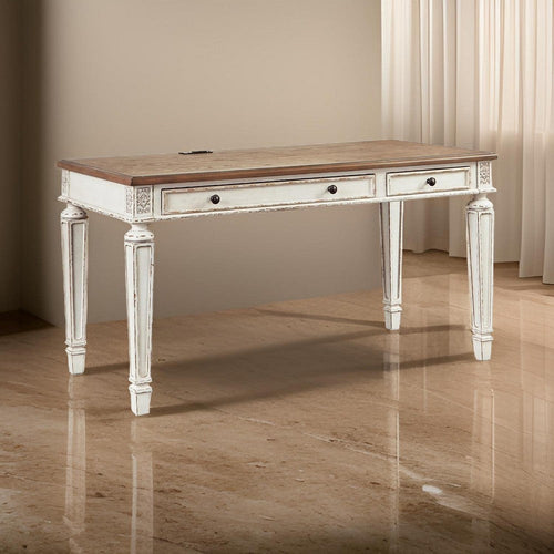 Ashley Transitional Wooden Office Desk with Carvings and Drawers, White and Brown