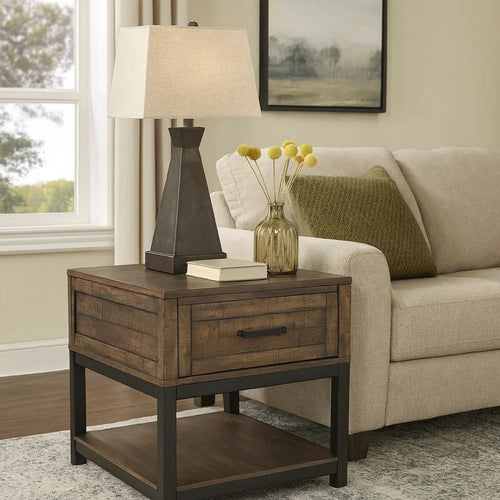 End Table | 2 Tone | 1 Drawer | Metal Base | Brown & Black