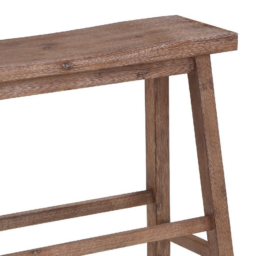 33 Inch Saddle Seat Bench with Angled Frame Sandblasted Antique Brown Acacia Wood By The Urban Port BM214019