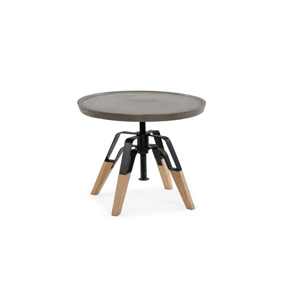 Round End Table with Concrete Top and Adjustable Height, Gray and Brown