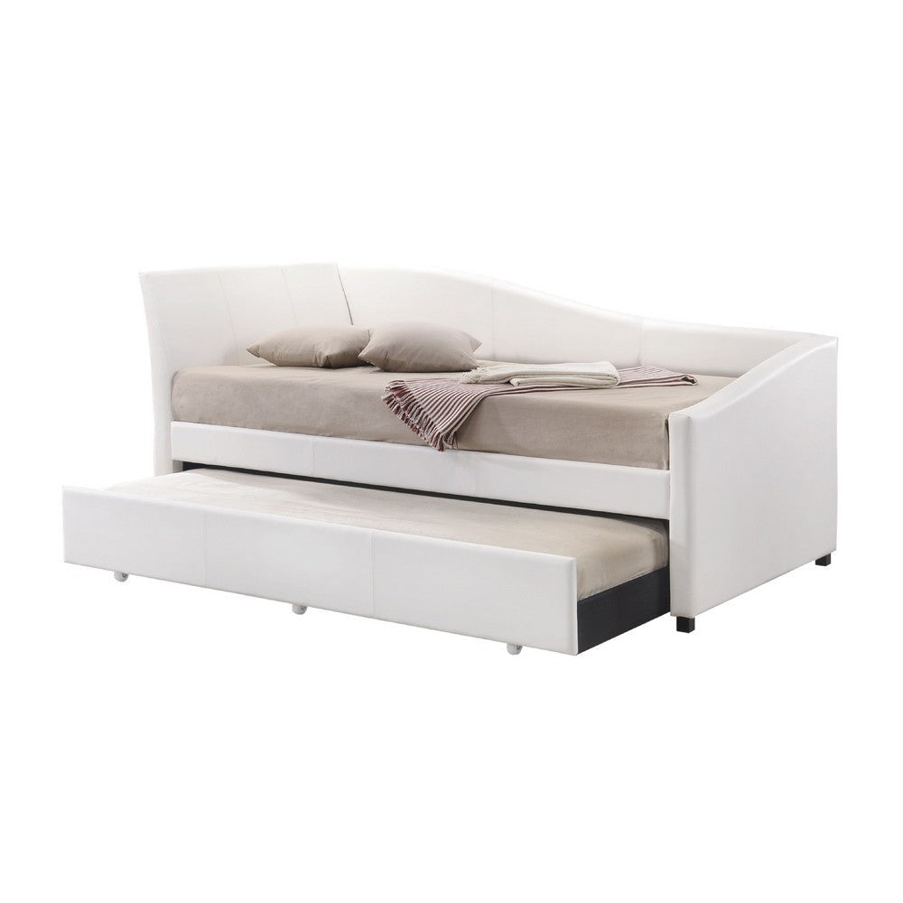 Daybed with Trundle | Faux Leather | Sloped Back | Twin Size | White