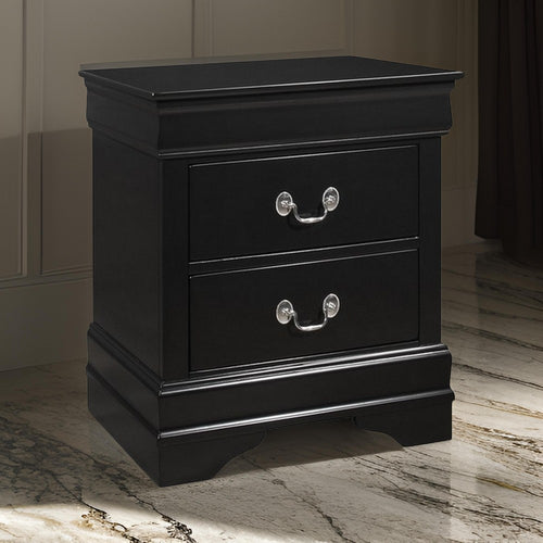 Nightstand | 2 Drawer | Antique Pull Handles | Wood Frame | Black