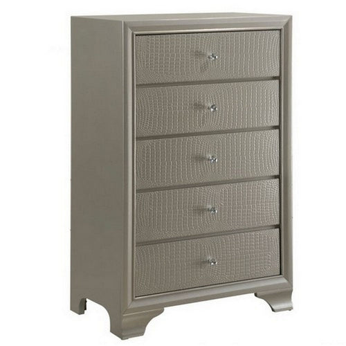 Tall Dresser Chest | 5 Drawer | Decorative Knobs | Bracket Feet | Champagne