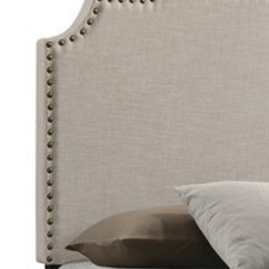Fabric Upholstered Wooden Queen Size Bed with Nailhead Trims Beige BM215886