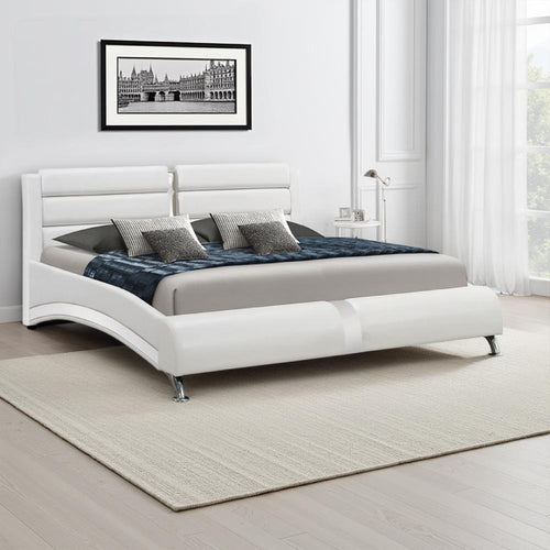 Curved Leatherette Queen Size Bed with Cushioned Paneling, White