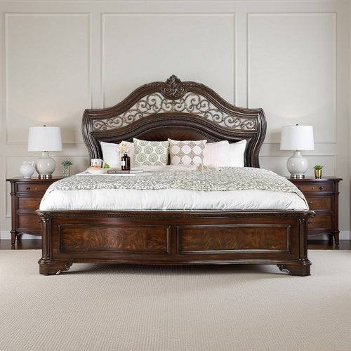 California King Bed | Wood Frame | Intricate Carved Headboard | Brown