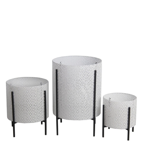Metal Planters with Floral Hexagon Cut Out Design, Set of 3,White and Black