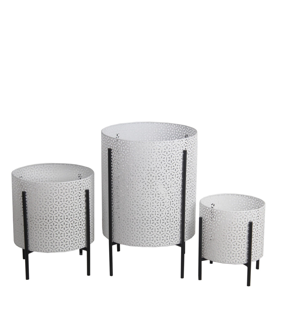 Metal Planters with Floral Hexagon Cut Out Design, Set of 3,White and Black
