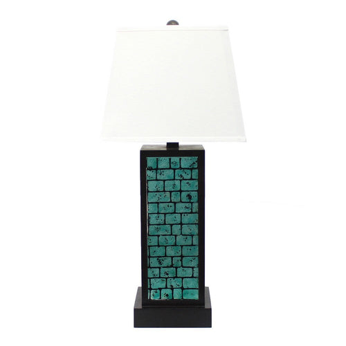Rectangular Metal Frame Table Lamp with Brick Pattern, White and Blue