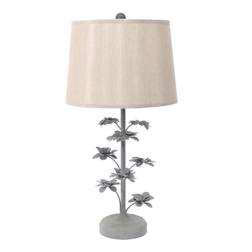 Flower Tree Design Metal Table Lamp with Tapered Drum Shade, Gray and Beige