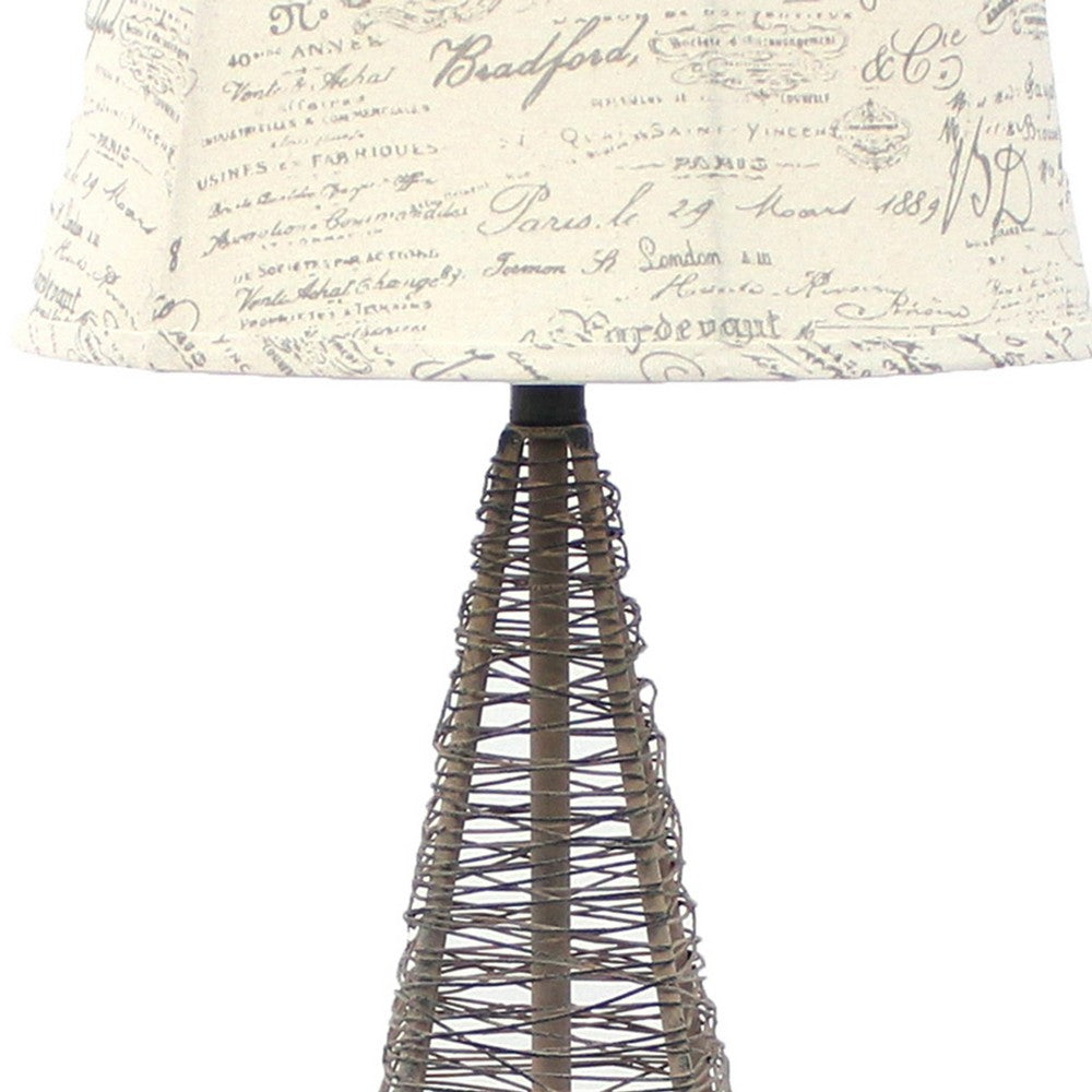 Metal Pyramid Base Table Lamp with Wire Design and Scripted Shade, Gray