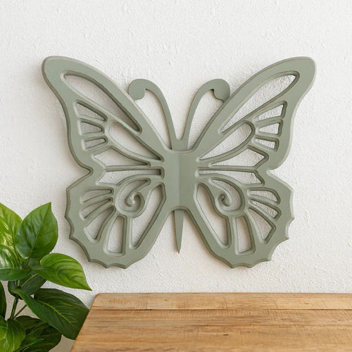 Wooden Butterfly Wall Plaque with Cutout Detail, Light Gray
