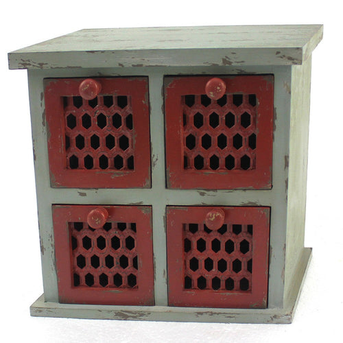 Wooden Table Top Organizer with 4 Drawers Distressed Gray and Red BM217294