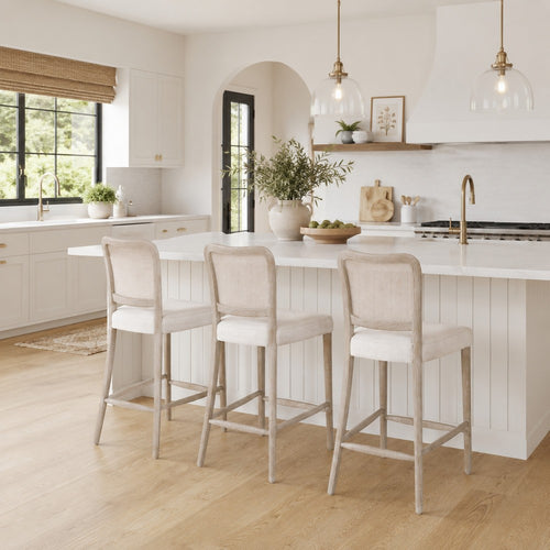 Cane Back Counter Stool | Wood Frame | Padded Seat | Beige