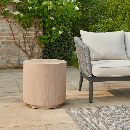 Wood End Table | Round Grain Frame | Metal Base | Large | Brown & Gray