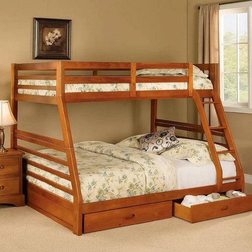 Transitional Style Twin Over Full Bunk Bed with Drawers, Oak Brown
