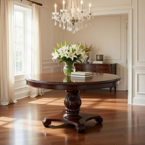 Traditional Dining Table | Round | Carved Pedestal Base | Cherry Brown