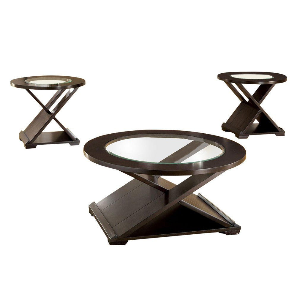 3 Piece Coffee & End Table Set | Round Glass Top | X Base | Brown