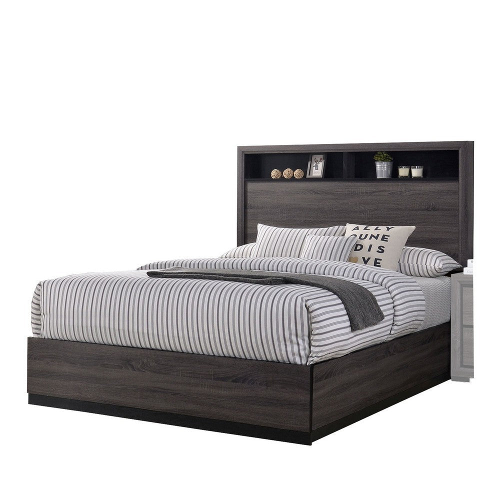 Transitional Platform Bed | Queen Size | Wood | Bookcase Headboard | Gray