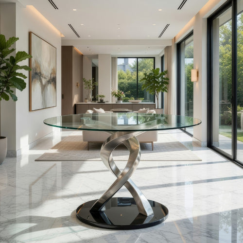 Contemporary Dining Table | Round | Swirl Metal Base | Black & Silver