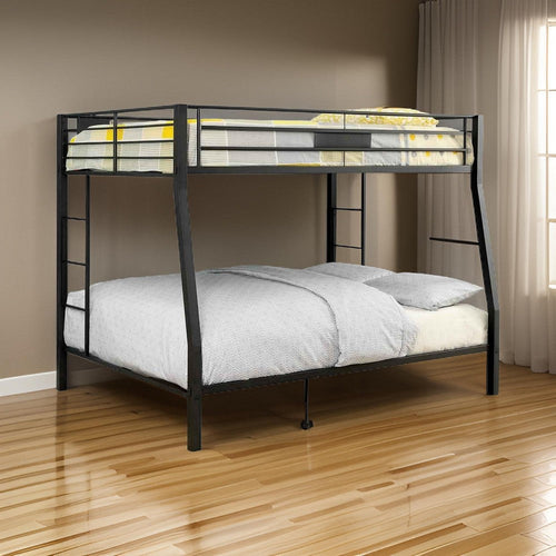 Metal Bunk Bed | Full Over Queen | Horizontal Slatted | 2 Ladders | Black