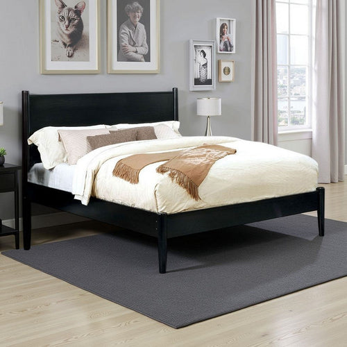 Mid Century Modern Bed | Queen Size | Wood Frame | Round Tapered Legs | Black