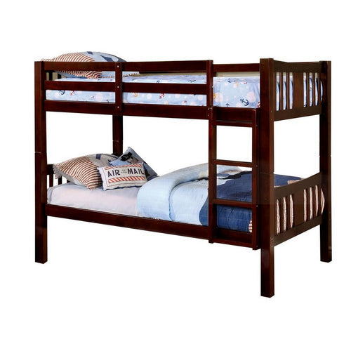 Slatted Bunk Bed | Twin Over Twin | Attached Ladder | Espresso Brown