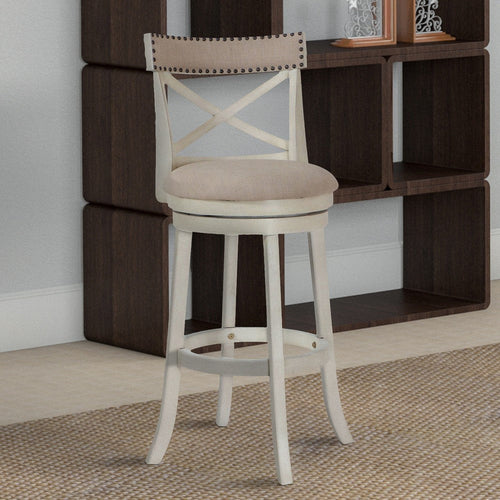 Curved X Shaped Back Swivel Barstool | Fabric Padded Seat | Antique White