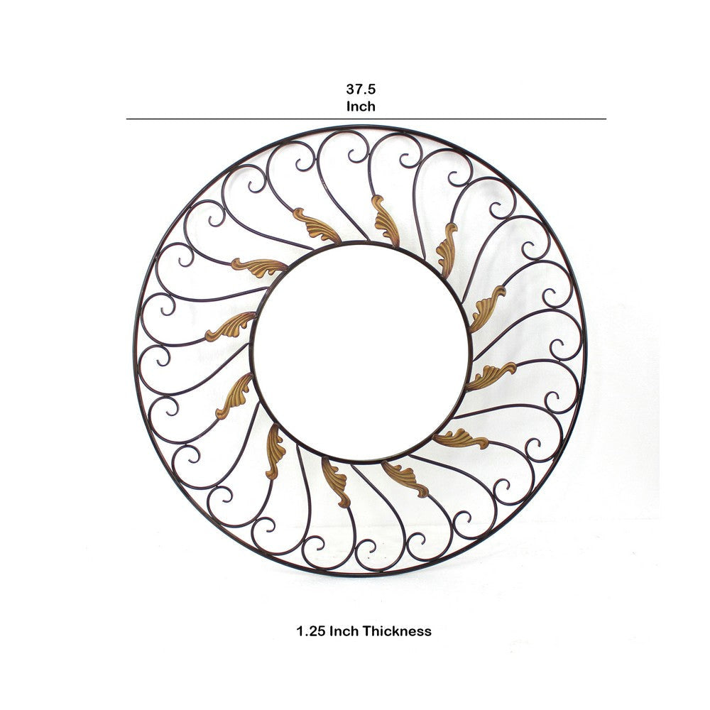 Round Metal Wall Mirror with Scroll Details Bronze and Gold BM218356