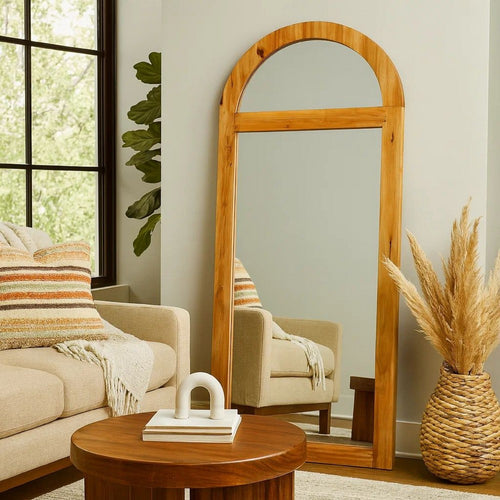Farmhouse Style Rectangular Wooden Wall Mirror with Arched Top, Brown