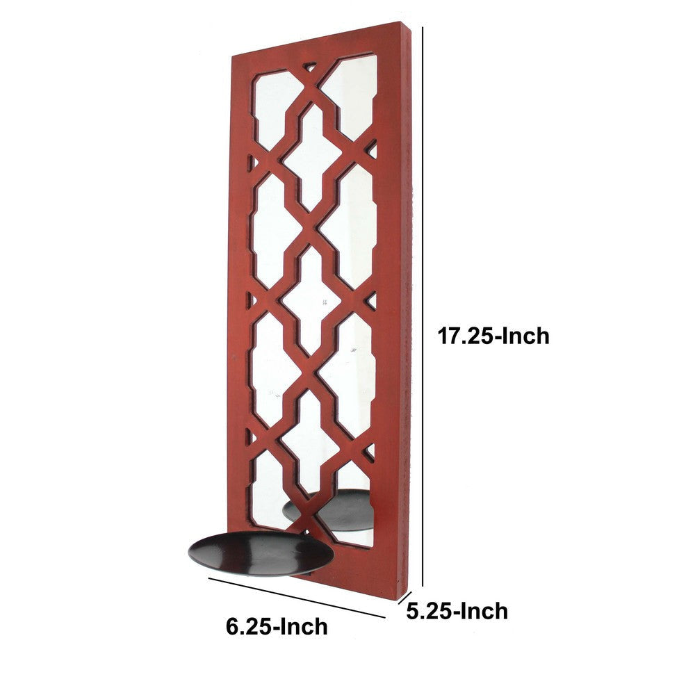 Quatrefoil Pattern Wooden Candle holder with Mirror Insert Red BM218404