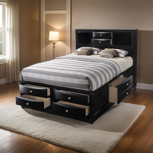 Storage Bed | Full Size | 8 Drawer | Bookcase Headboard | Black