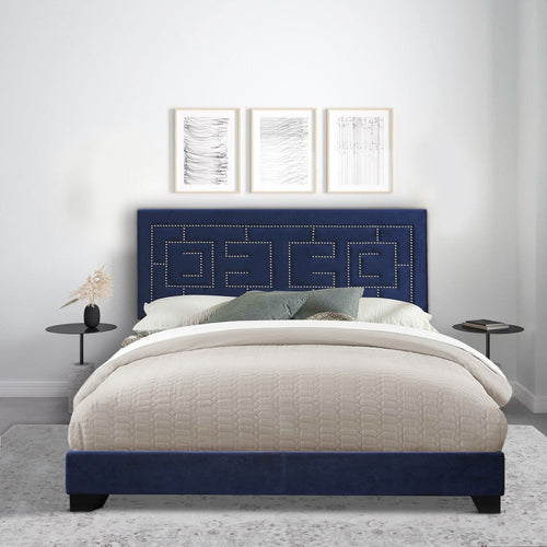 Fabric Bed | King Size | Geometric Nailhead Trims | Blue