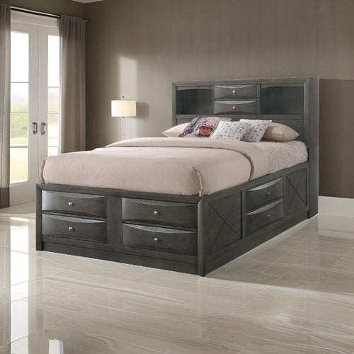 Panel Design Bed | King Size | Bookcase & Drawers | Taupe Brown