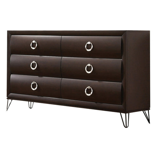 Wood Dresser | 6 Drawer | Metal Ring Handles | Harpin Legs | Brown