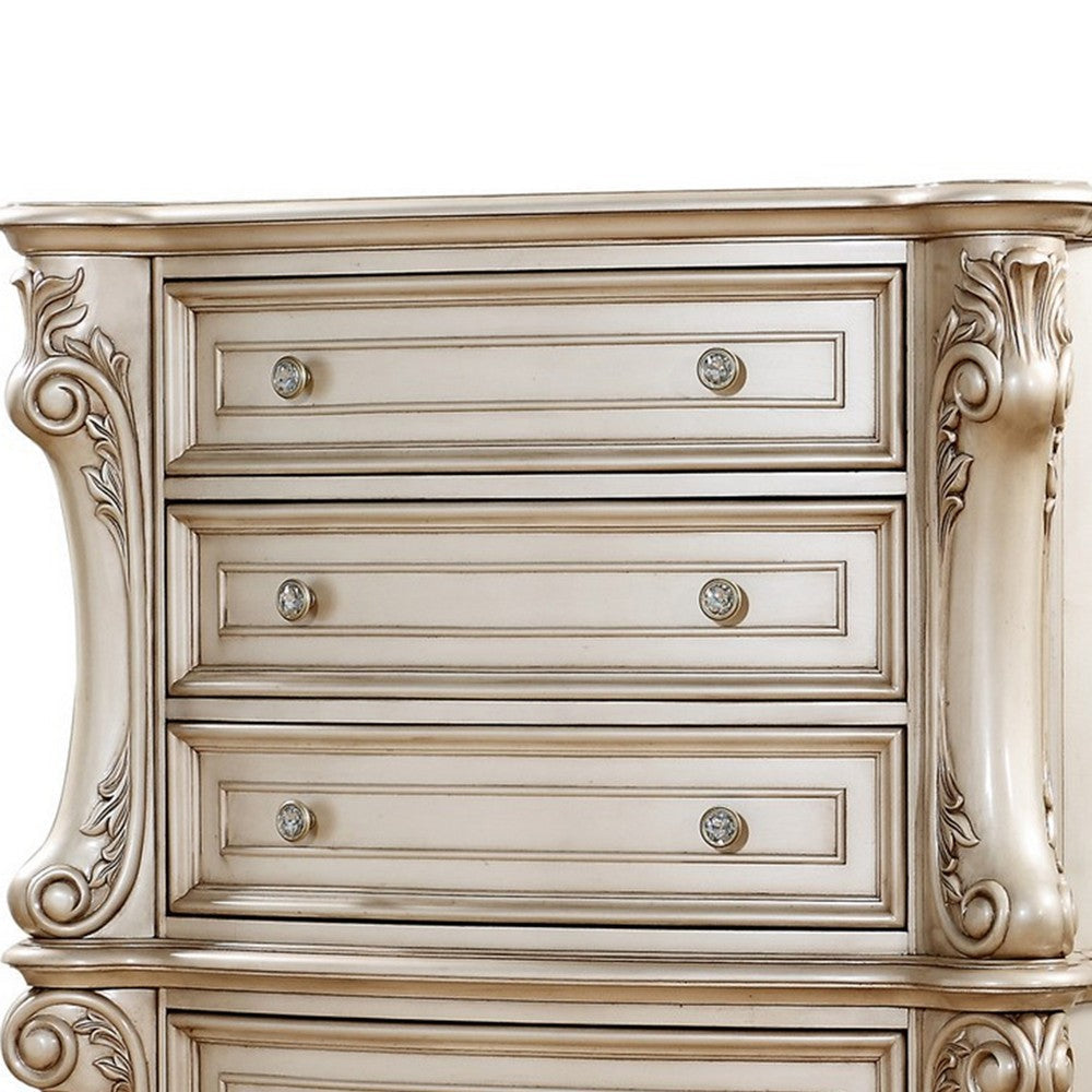 Carved Wooden Chest with 5 Storage Drawers and Marble Top Antique White BM218544