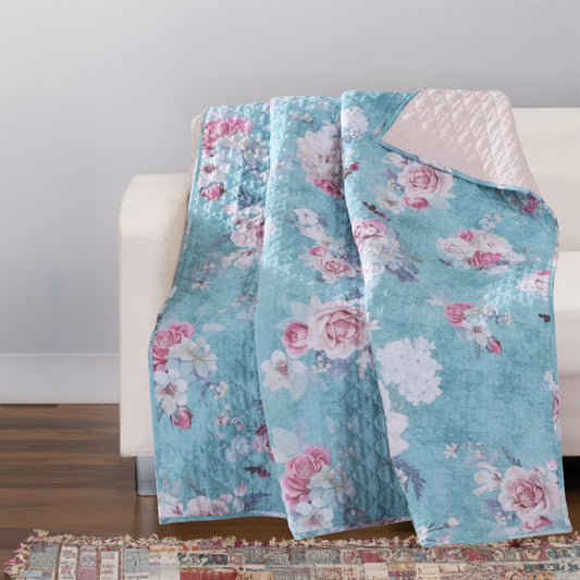 60 x 50 Inches Polyester Throw Blanket with Floral Print, Blue and White By Casagear Home