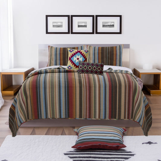 Stripe Pattern Cotton Quilt Set with 2 Pillows and 2 Quilt Shams, Multicolor By Casagear Home