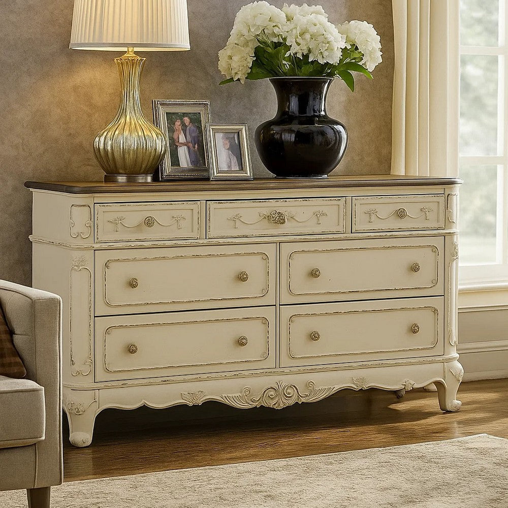 Benjara 7 Drawer Dresser with Floral Motif Carving Details, Antique White and Brown