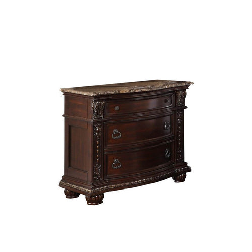 European Nightstand | 3 Drawer | Marble Top | Dark Cherry Brown