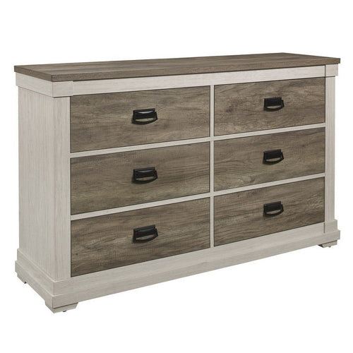Wood Dresser | 6 Drawer | Hanging Pull Handles | White & Weathered Gray